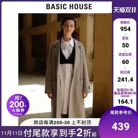 Basic House/百家好女装冬季韩风羊毛长款英伦风毛呢大衣HTCA722K商品大图