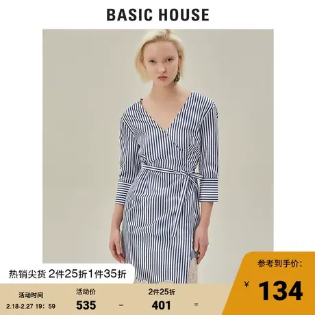 Basic House/百家好女装商场同款连衣裙V领中短款衬衫裙HTOP320D图片