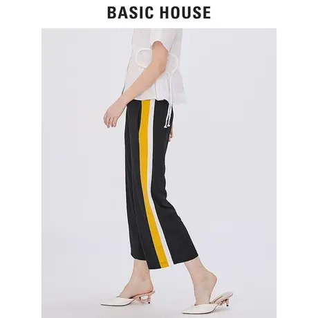 Basic House/百家好商场同款夏季黑色阔腿直筒七分休闲裤HTPT323B图片