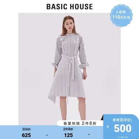 Basic House/百家好商场同款 春连衣裙女竖条纹收腰HTOP121C图片