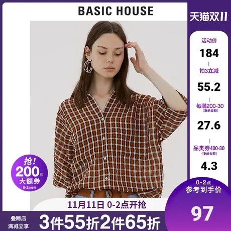 Basic House/百家好女装秋商场同款衬衫格纹宽松休闲衬衣HTWS521D图片