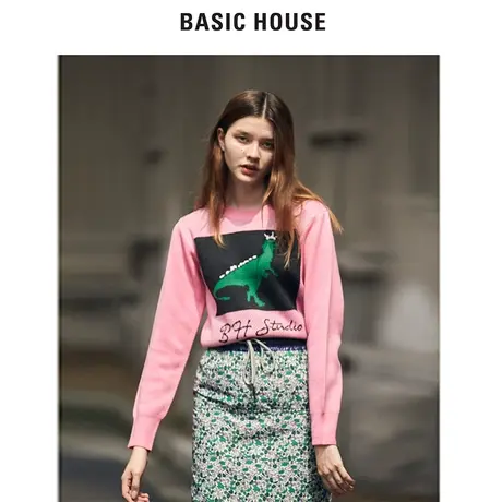 Basic House/百家好冬季女装韩版套头针织衫恐龙图案毛衣HUKT728G图片