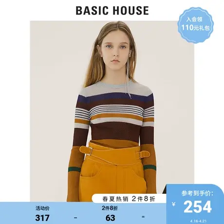 Basic House/百家好女装春秋商场同款条纹圆领针织衫女HTKT521A图片