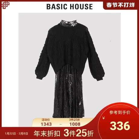 Basic House/百家好女装秋冬商场同款黑色蕾丝女针织套衫HUKT721J图片