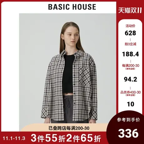 Basic House/百家好2021春秋新韩风格子衬衫显瘦修身上衣HVWS127A图片