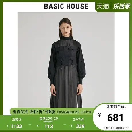 Basic House/百家好女装冬商场同款时尚层叠藏青色连衣裙HUOP721B图片