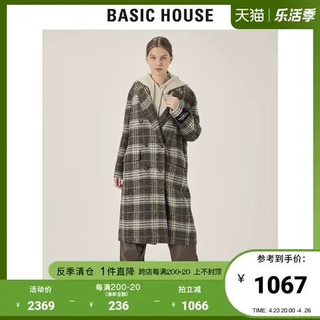 Basic House/百家好2021冬新款商场同款羊毛格纹毛呢外套HVCA720H图片
