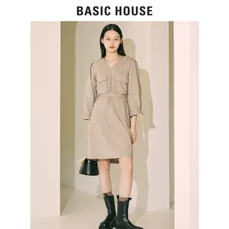 Basic House/百家好2021春秋韩风V领气质修身显瘦连衣裙HVOP529C图片