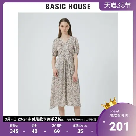 Basic House/百家好2021夏新款韩风时尚V领印花连衣裙女HVOP325A图片