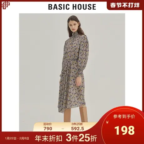 Basic House/百家好女装秋冬明星同款时尚复古印花连衣裙HUOP720B图片