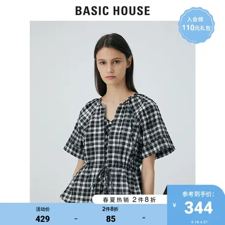 Basic House/百家好2021夏季新款经典格纹V领抽绳衬衫女HVBL321P图片