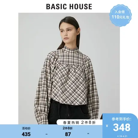 Basic House/百家好2021春秋商场同款女装格子半高领衬衫HVBL121A图片