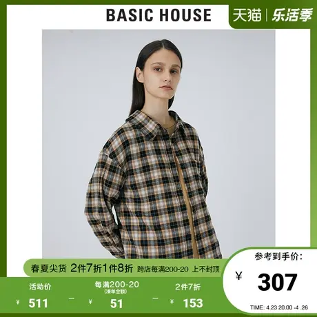 Basic House/百家好2021春秋韩风时尚抽绳衣袖格子衬衫女HVWS521F商品大图