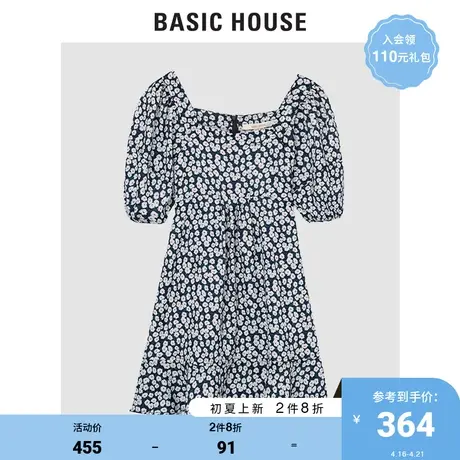 Basic House/百家好2022夏季新款时尚碎花泡泡袖连衣裙女HWOP328R图片