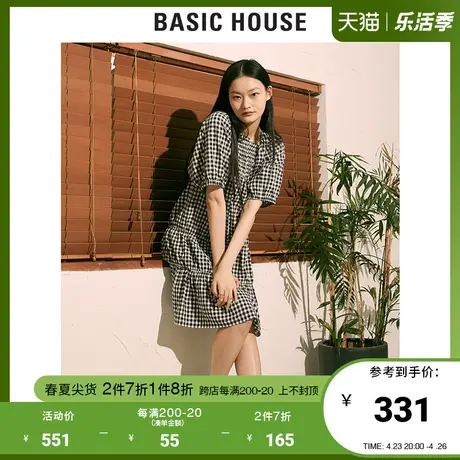 Basic House/百家好2021夏新款韩风时尚黑色格子连衣裙女HVOP425K图片