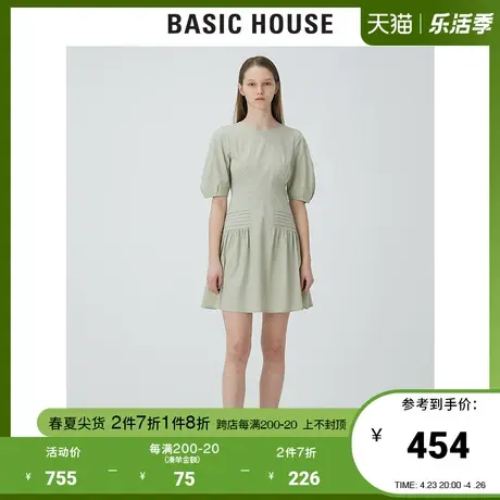 Basic House/百家好2021夏韩风时尚显瘦泡泡袖A字连衣裙HVOP321M商品大图