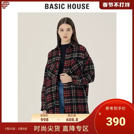 Basic House/百家好2021冬季新款衬衫女复古格子毛边上衣HVWS728A图片