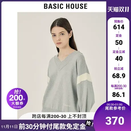 Basic House/百家好2021秋冬新款韩版V领宽松毛衣针织衫HVKT721F图片