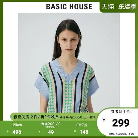 Basic House/百家好2021夏季修身显瘦全棉V领针织衫女HVKT329A图片