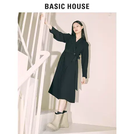 Basic House/百家好2021春秋韩风气质收腰黑色衬衫连衣裙HVOP521H图片