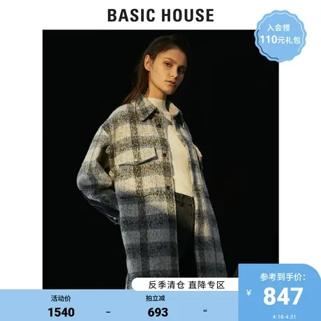 Basic House/百家好秋冬商场同款毛呢大衣格子衬衫式外套HVCA728D图片
