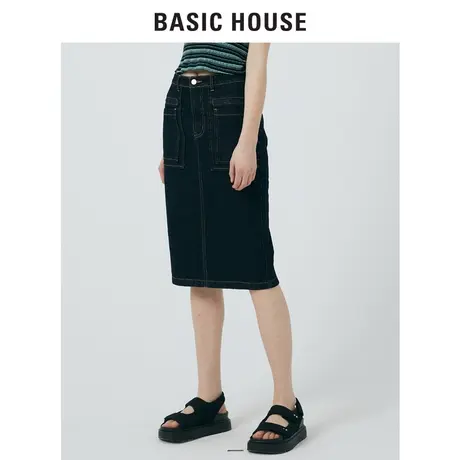 Basic House/百家好2021春秋新款韩风时尚牛仔修身半身裙HVSK528B图片