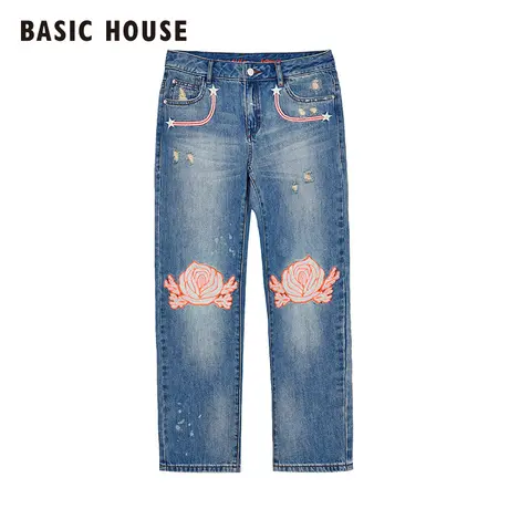 Basic House/百家好2017夏季新款韩版刺绣做旧牛仔裤女HQDP321E图片