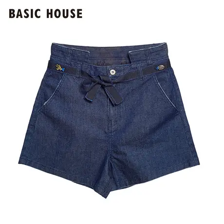 Basic House/百家好2017夏季新款腰带装饰高腰牛仔短裤女HQDP321O图片