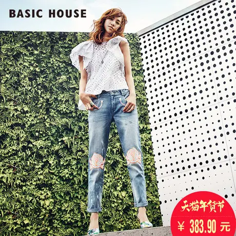 Basic House/百家好新款韩版直筒裤显瘦印花牛仔裤女HQDP321E图片