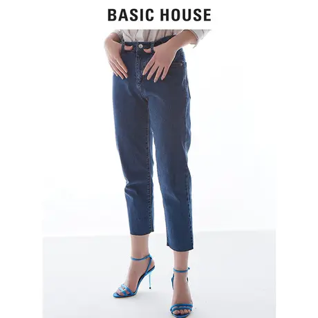Basic House/百家好2019春装新款高腰牛仔直筒长裤女韩版HTDP127B图片
